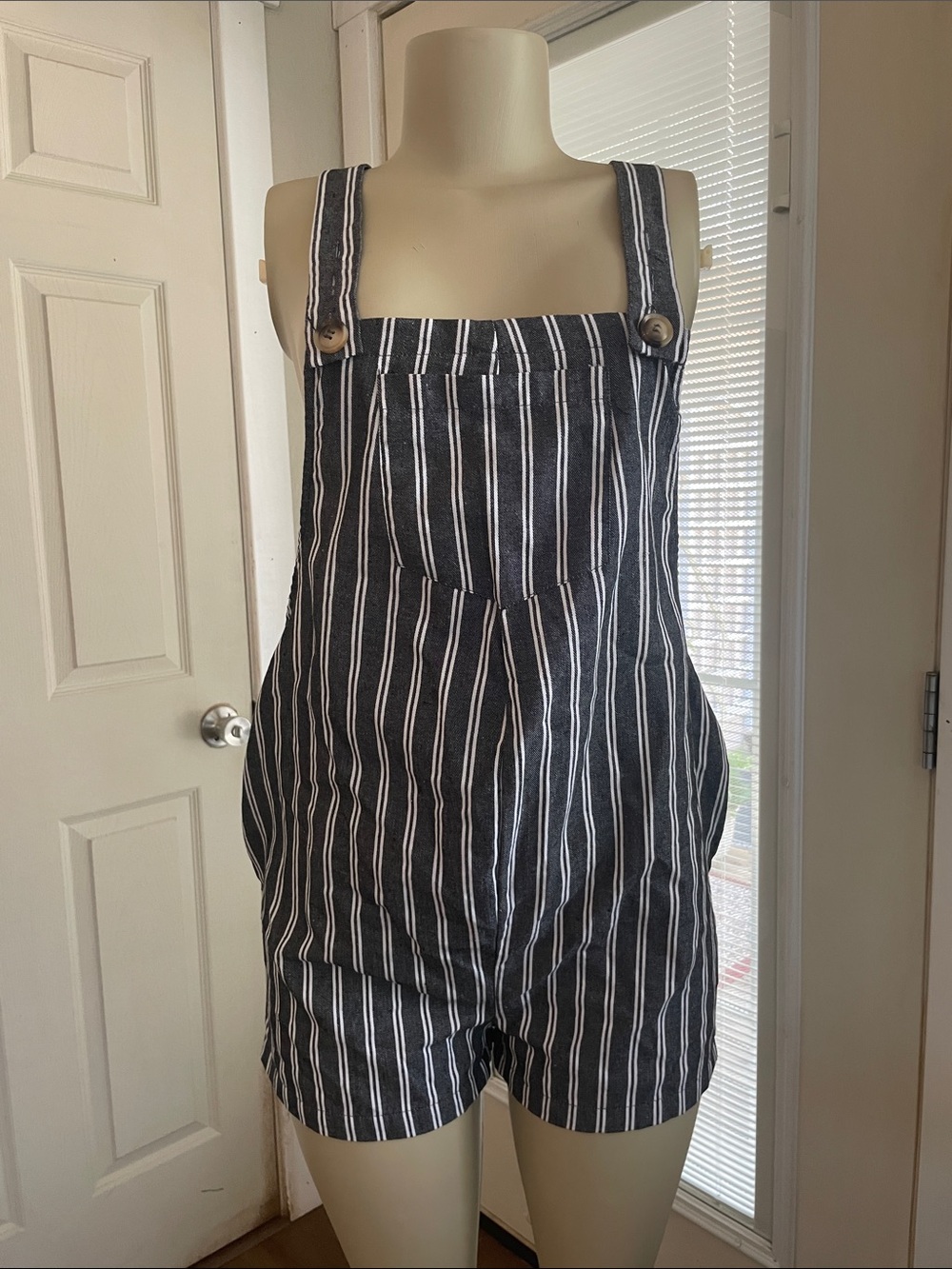 Striped Black & White Linen Blend Short Overalls